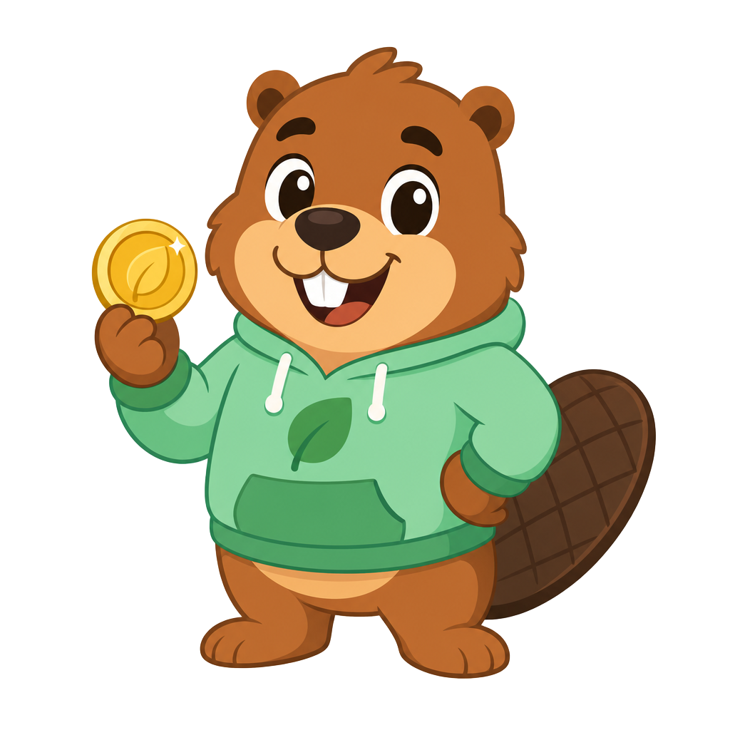 Bucky the beaver, the MoneyWise Teen AI mascot, holding a gold coin